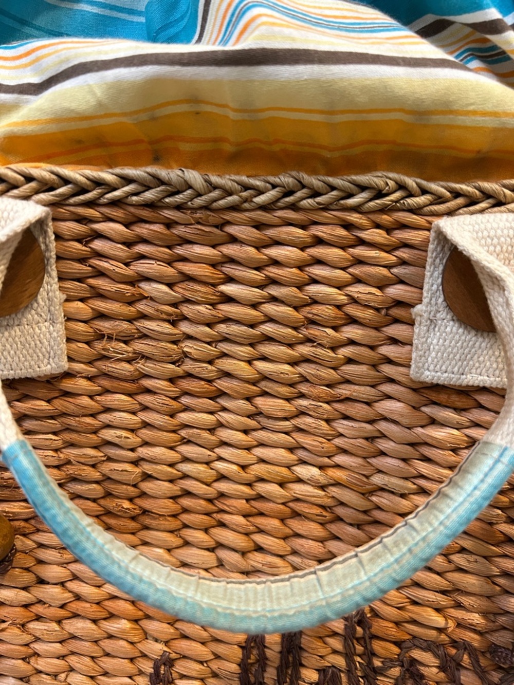 Billabong Woven Straw Tote with Yellow & Teal Striped Lining - Picture 5 of 14